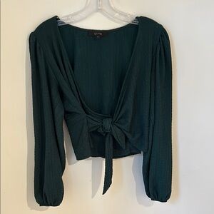 Chic Green Tie-Front Blouse with Bishop Sleeves